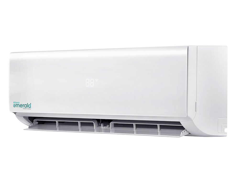 Alliance Emerald Wall Mounted Split Unit Alliance Emerald wall-mounted mid-split air conditioning indoor unit with a digital temperature display screen showing the brand logo