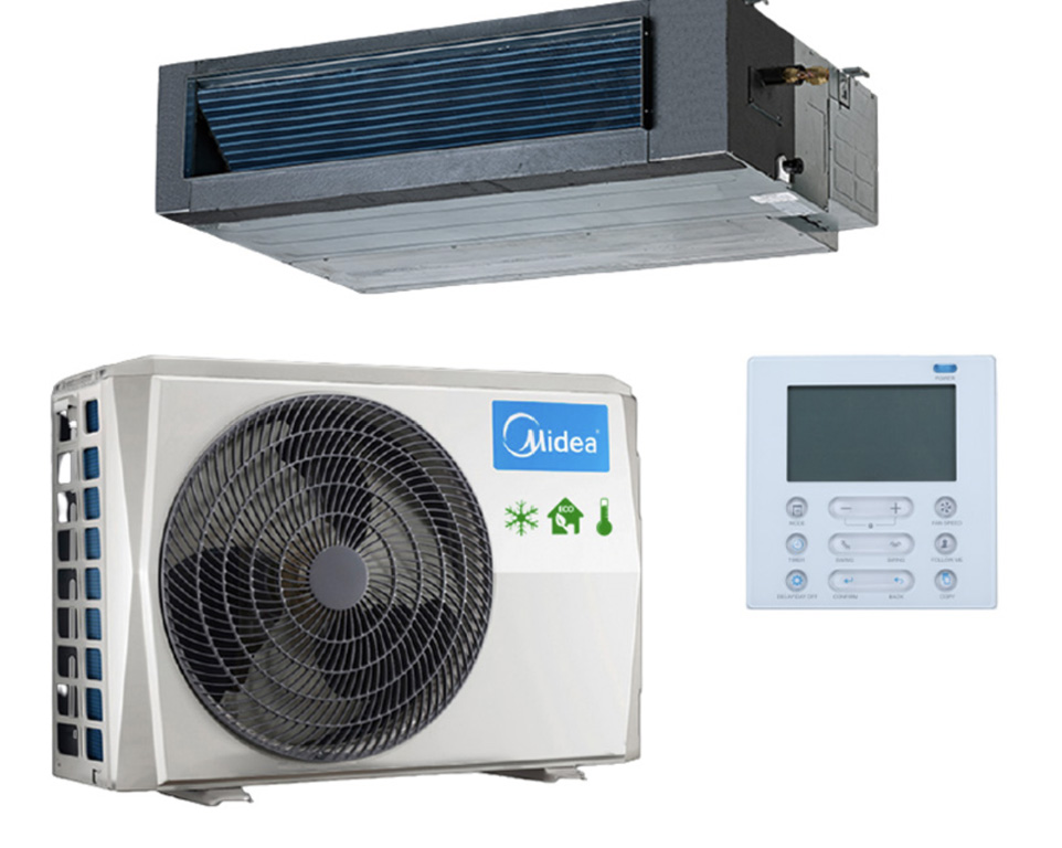 Midea Commercial Ducted Aircon System Midea commercial ducted under-ceiling air conditioning system package featuring a hidden ceiling unit, outdoor condenser fan, and digital wall-mounted thermostat control panel.