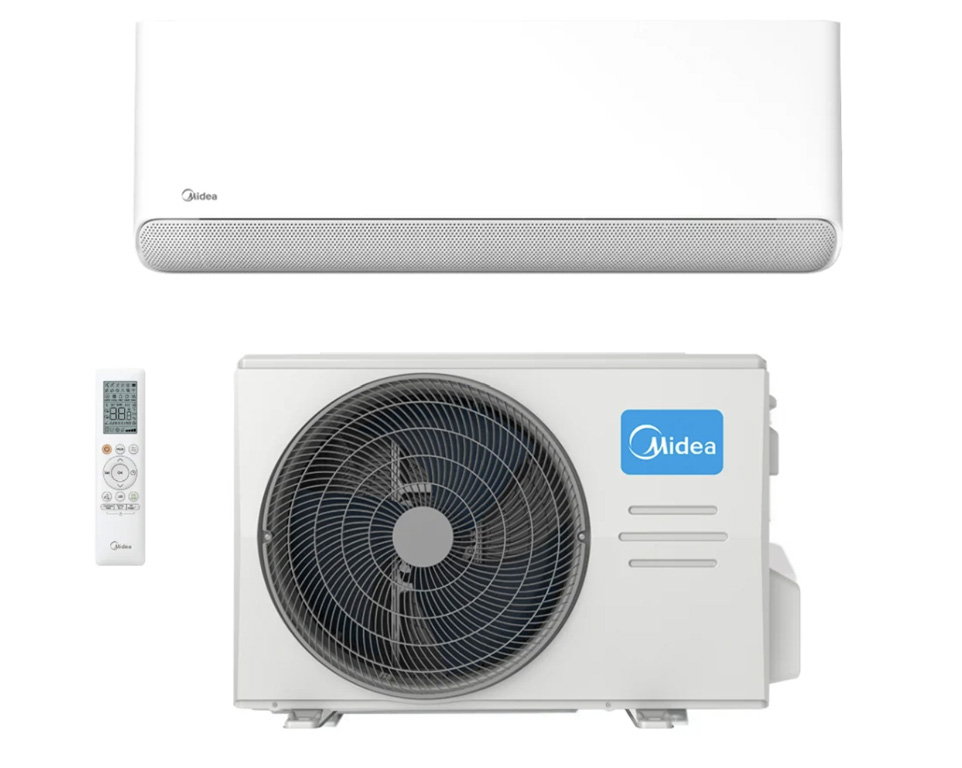 Midea Breezeless Inverter Split Aircon System Complete Midea Breezeless inverter wall-mounted split air conditioner setup showing the indoor high-wall unit, outdoor fan condenser unit, and wireless remote control.